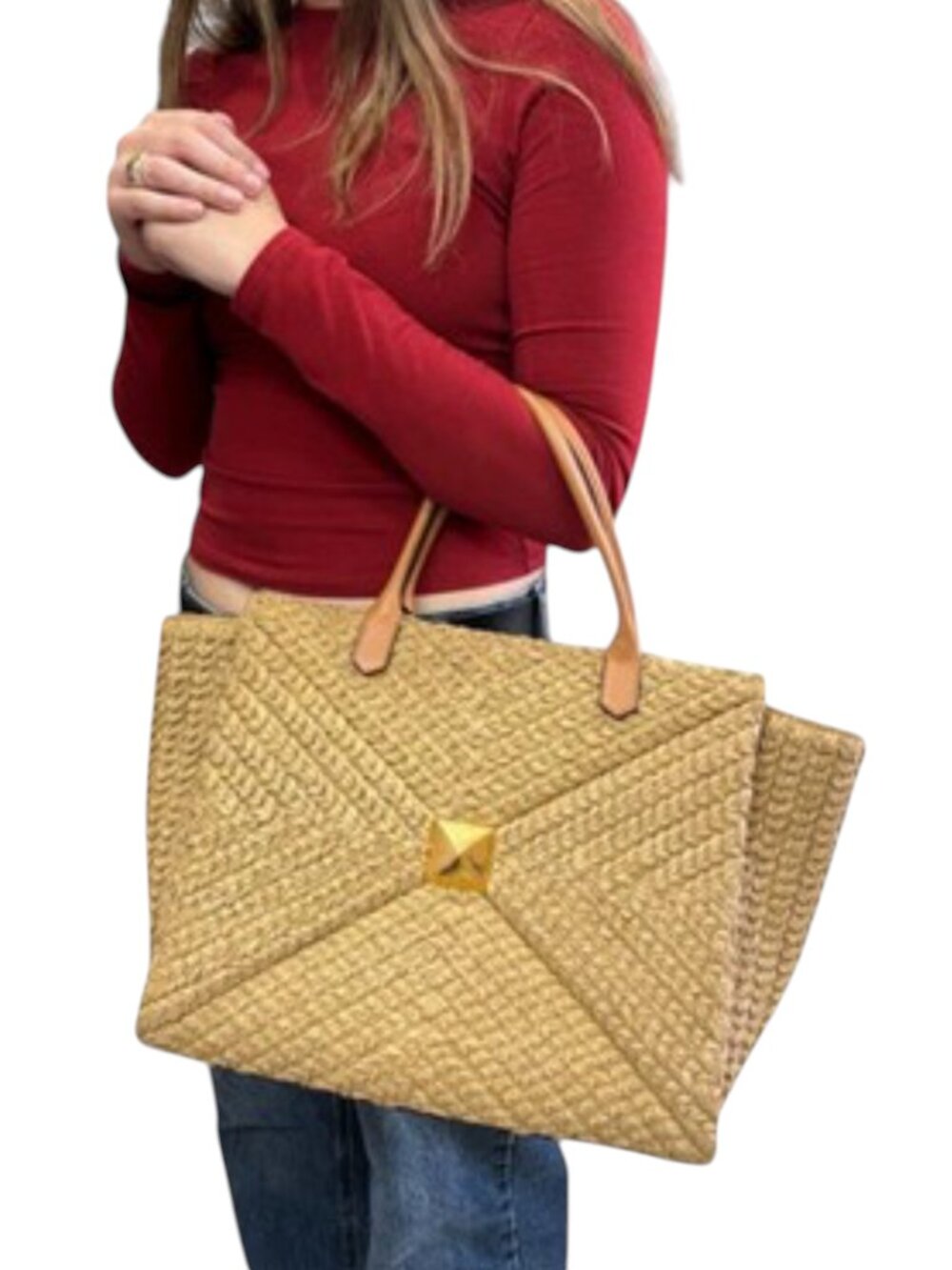 Valentino Garavani Pecan Raffia One Stud Large Tote Made in Italy $4,200